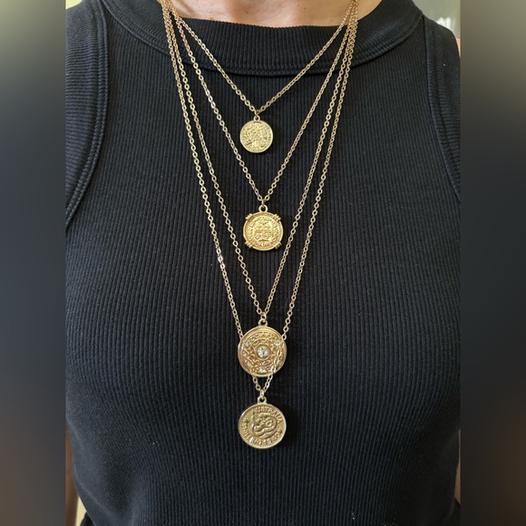 Jewelry - European & Australian Coin Pendant 4 layered Tiered Gold Tone Euro Travel Summer
